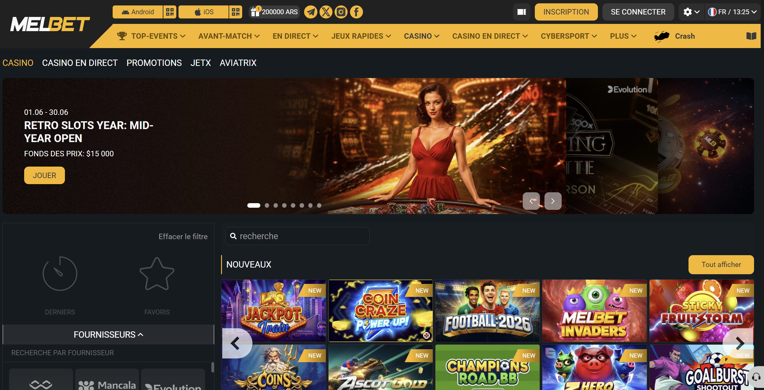 Lobby casino Melbet - machines à sous et jeux en direct